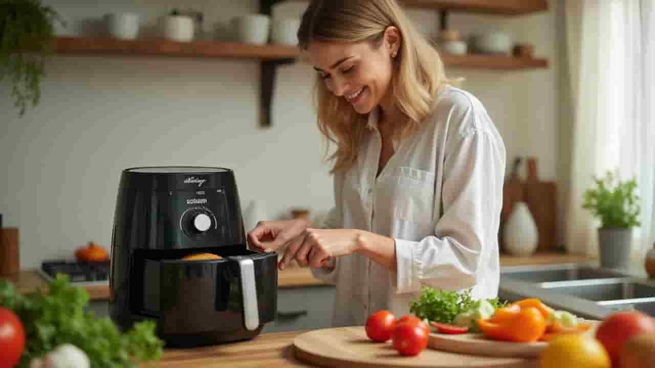 Srećna žena koja kuva u Air Fryer-u